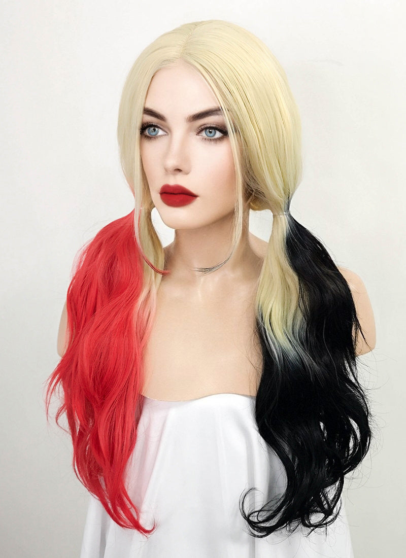 Blonde Harley Quinn Synthetic Red Black Ponytail Wavy Lace Front Wig LF1576A
