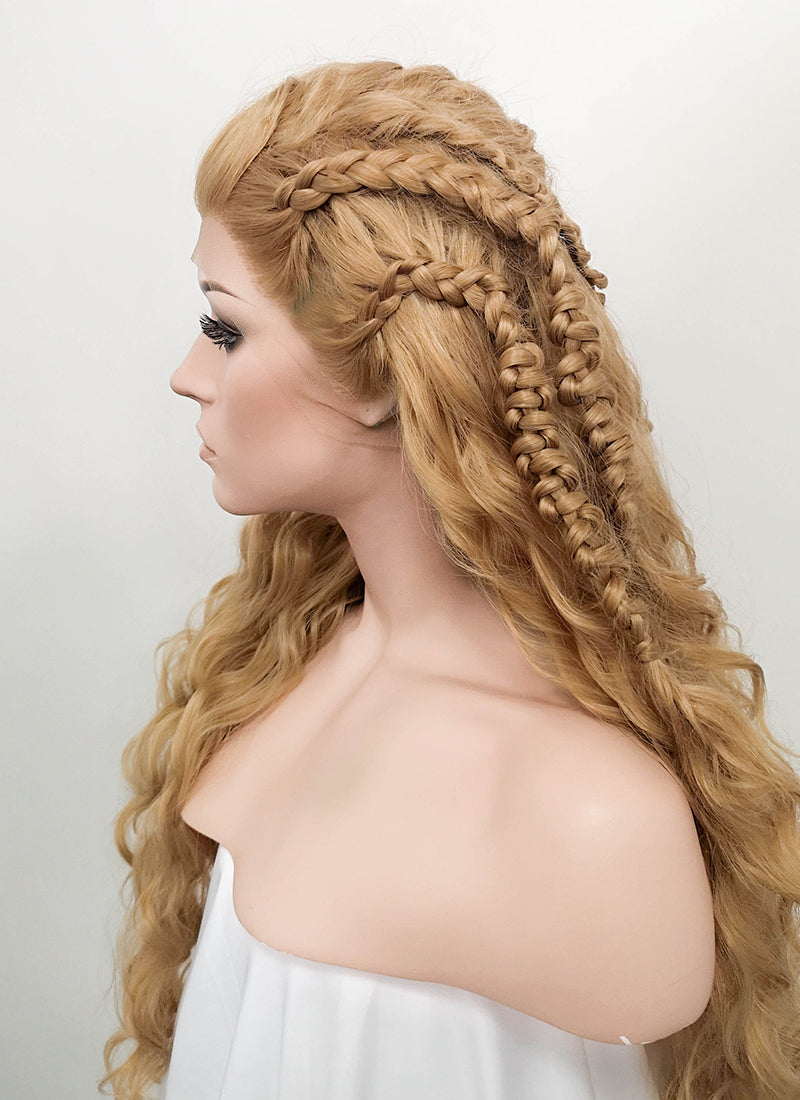 Wavy Golden Blonde Vikings Lagertha Braided Lace Front Synthetic Wig LF2023