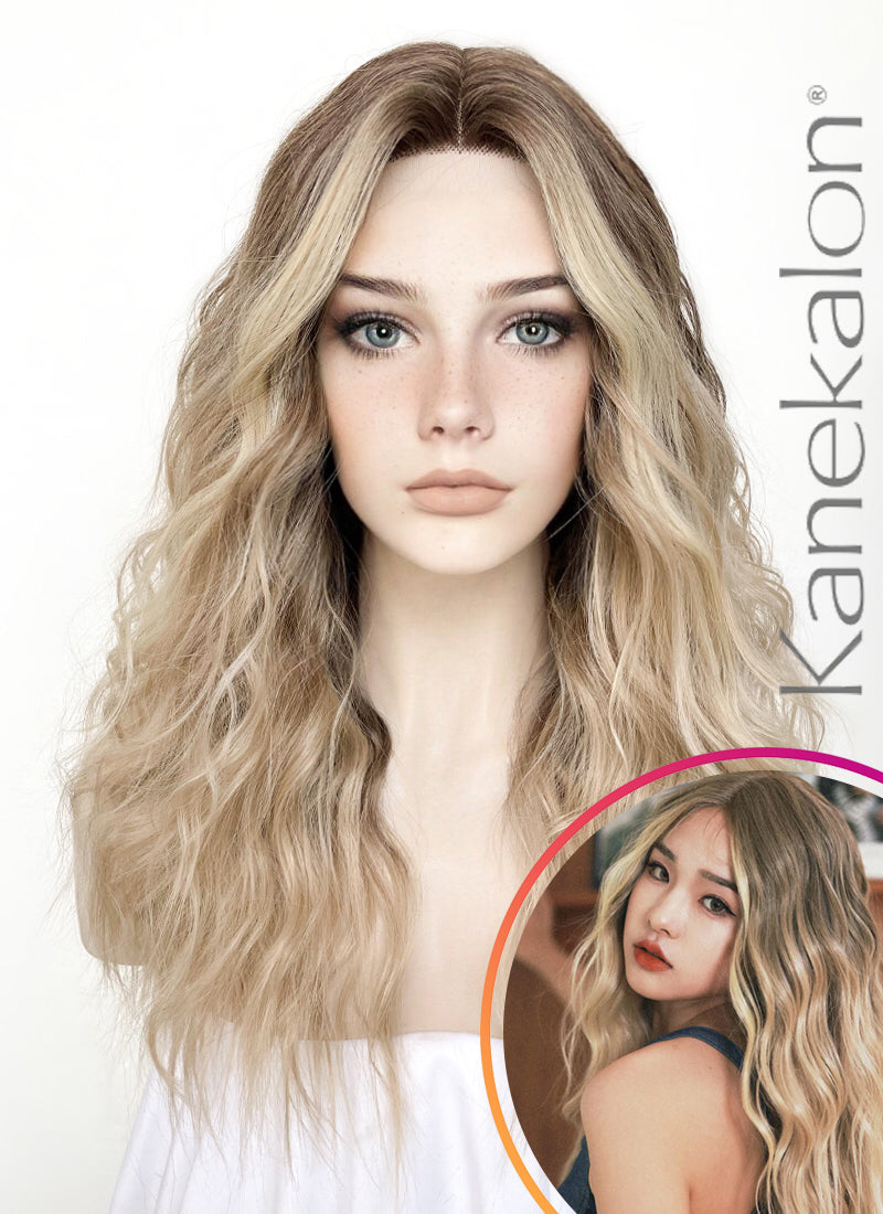 Balayage Blonde Highlights Money Piece Wavy Lace Front Kanekalon Synthetic Wig LF3233