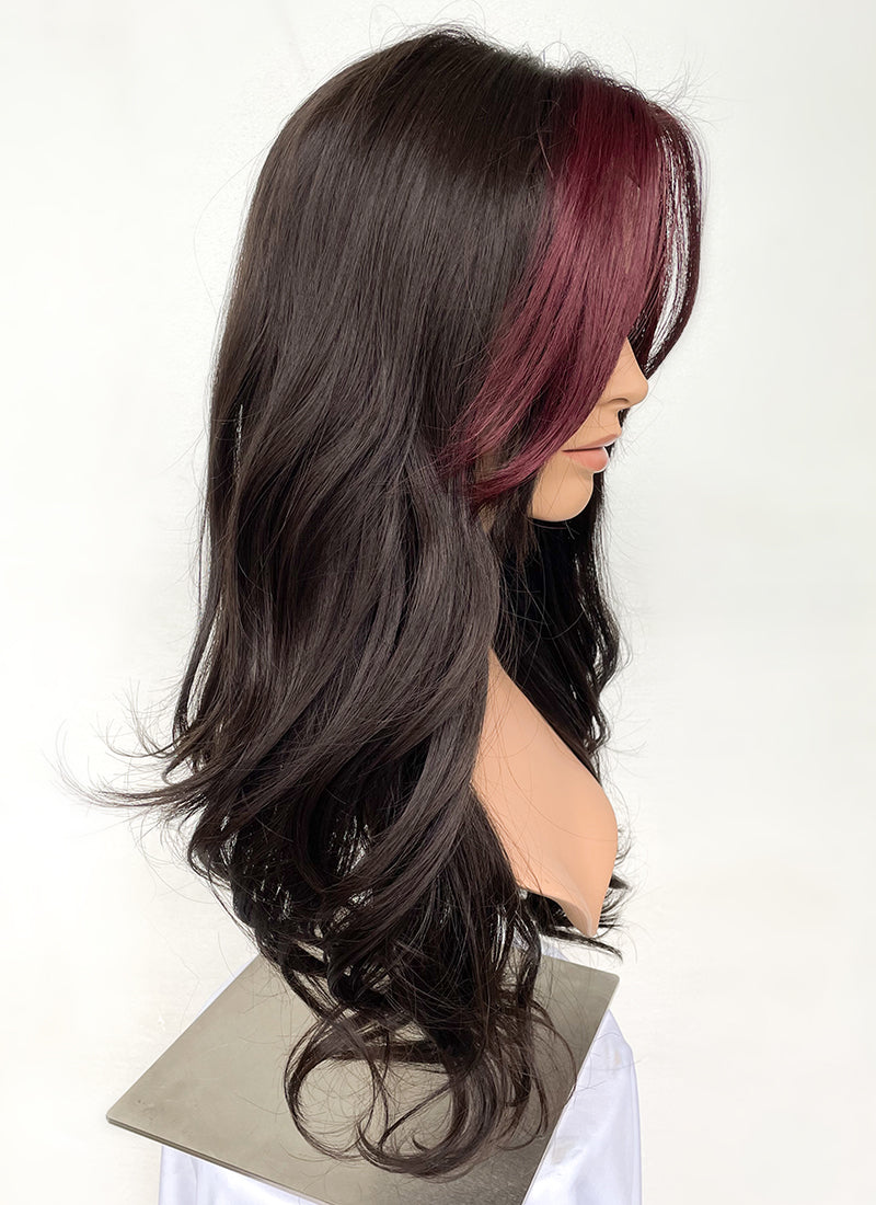 Brunette And Burgundy Money Piece Curtain Bangs Wavy Lace Front Synthetic Wig LF3302