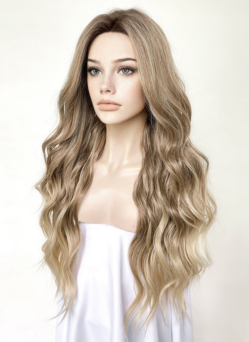 Two Tone Blonde With Dark Roots Wavy Lace Front Synthetic Wig LF3307