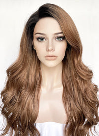 Brown With Dark Roots Wavy Lace Front Synthetic Hair Wig LF3316