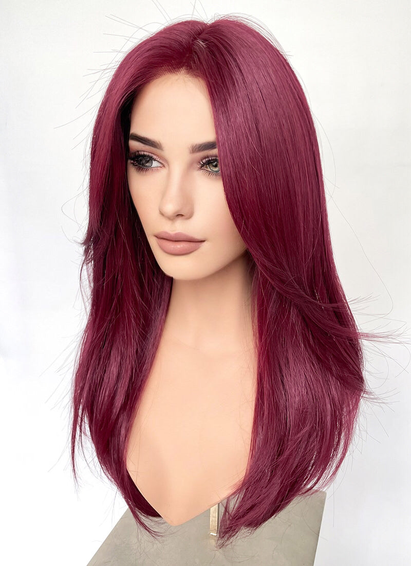 Burgundy Curtain Bangs Straight Lace Front Synthetic Hair Wig LF3328