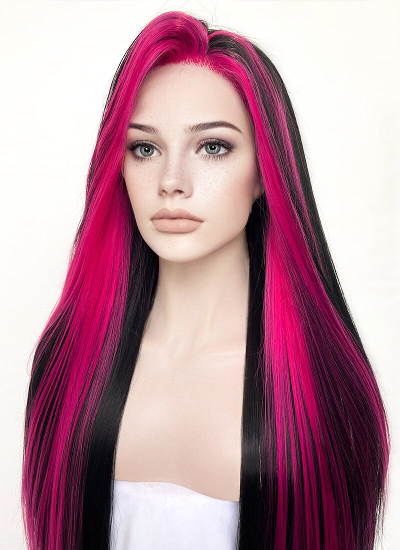 Black Mixed Magenta Straight Lace Front Synthetic Wig LF5164