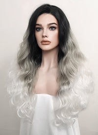 Wavy Black Grey White Ombre Lace Front Synthetic Wig LF781