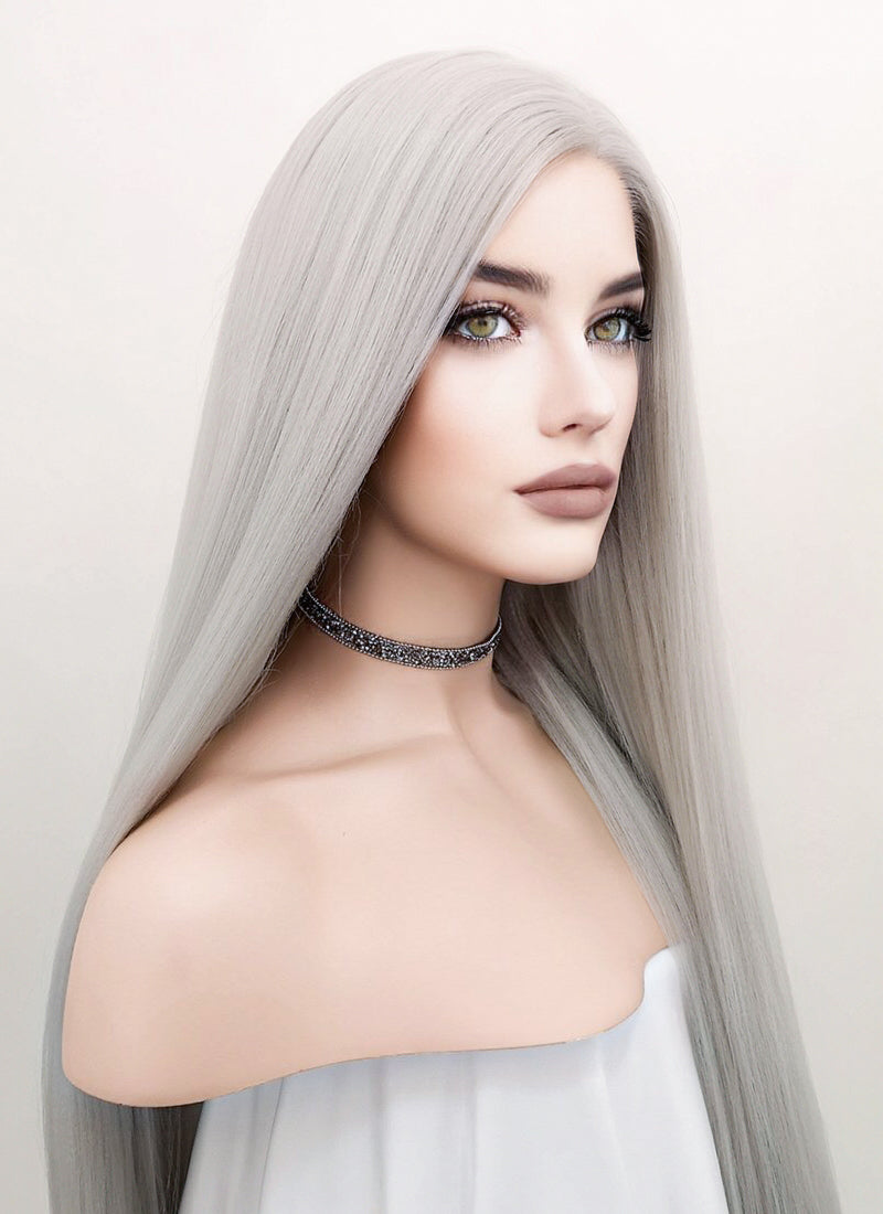 Straight Yaki Silver Grey Lace Front Synthetic Wig LF624N