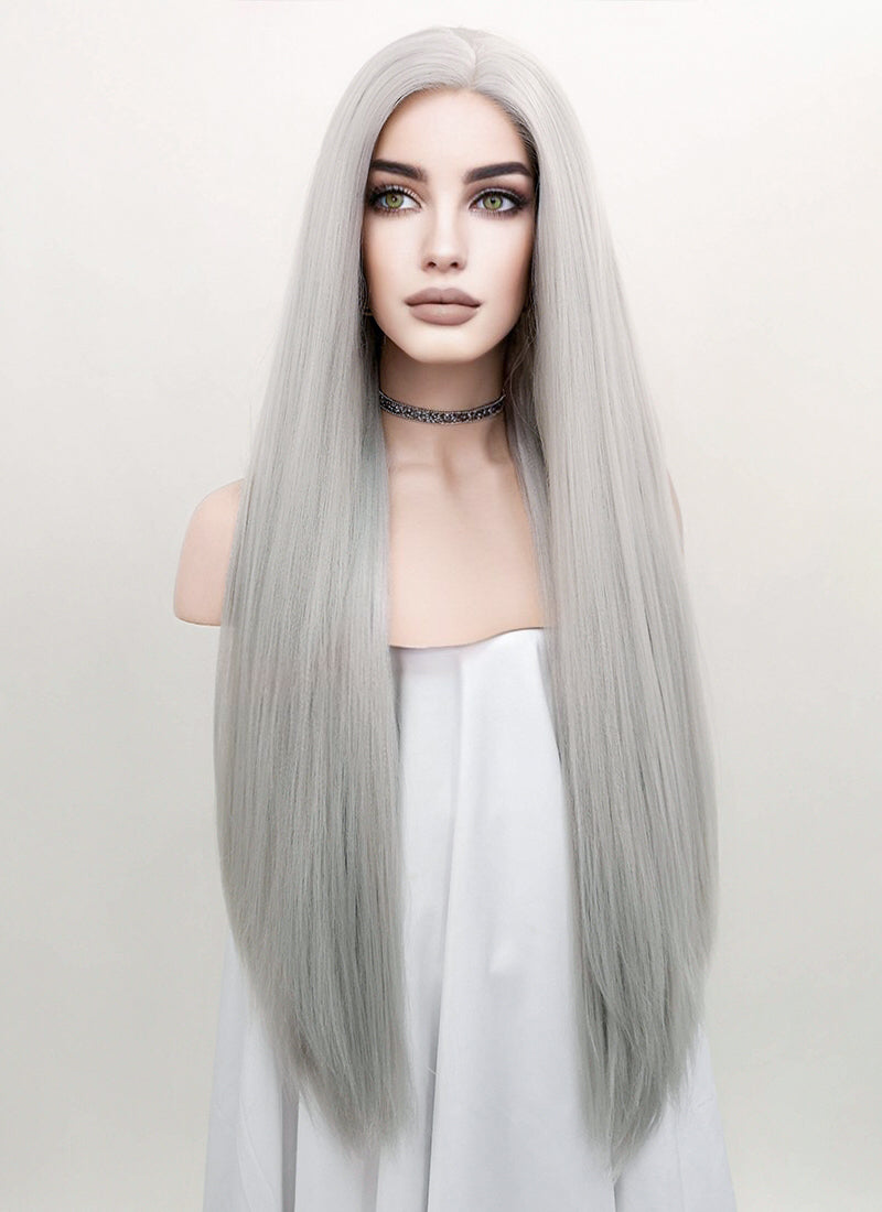 Straight Yaki Silver Grey Lace Front Synthetic Wig LF624N