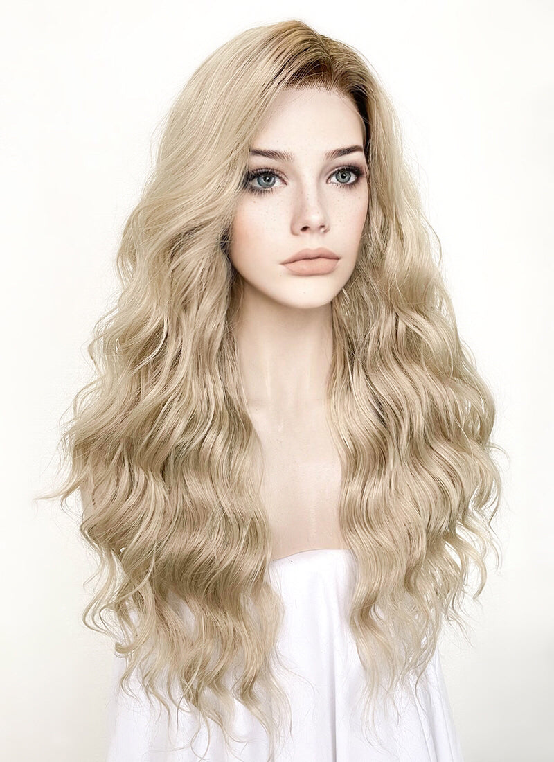 Ash Blonde With Brown Roots Wavy Lace Front Synthetic Wig LFK5501