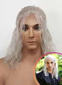 The Witcher Geralt of Rivia Silver Grey Curly Lace Front Synthetic Men's Wig LFX5127