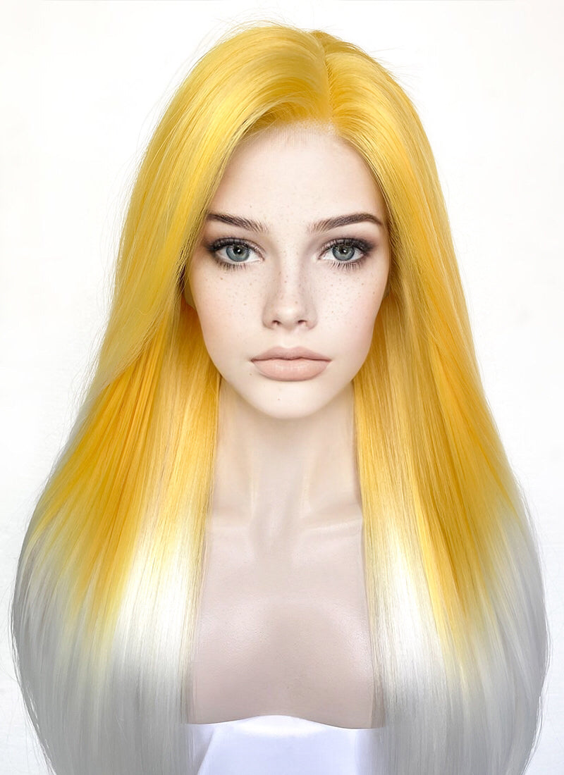 Yellow White Ombre Straight Yaki Lace Front Synthetic Wig LN6026