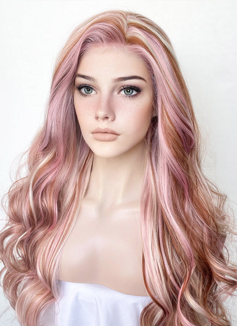 Pink Blonde Brown Mixed Wavy Lace Front Synthetic Wig LW4019