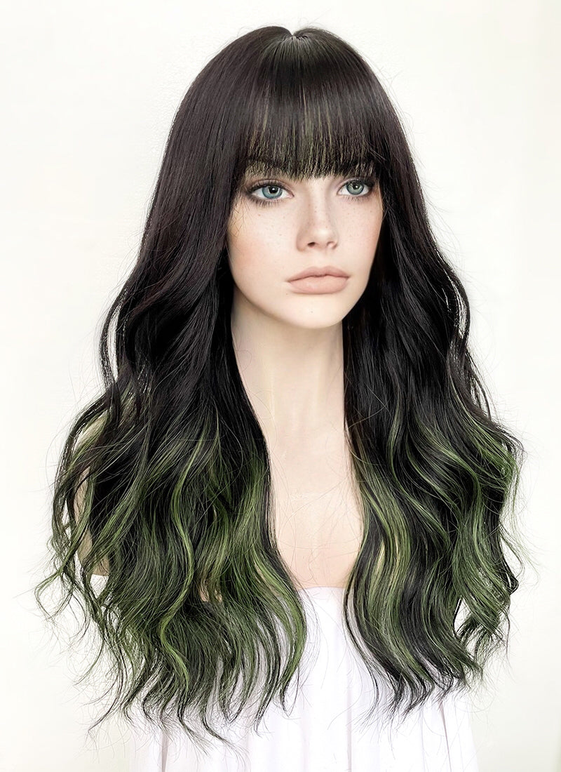 Black Mixed Green Wavy Synthetic Hair Wig NS425