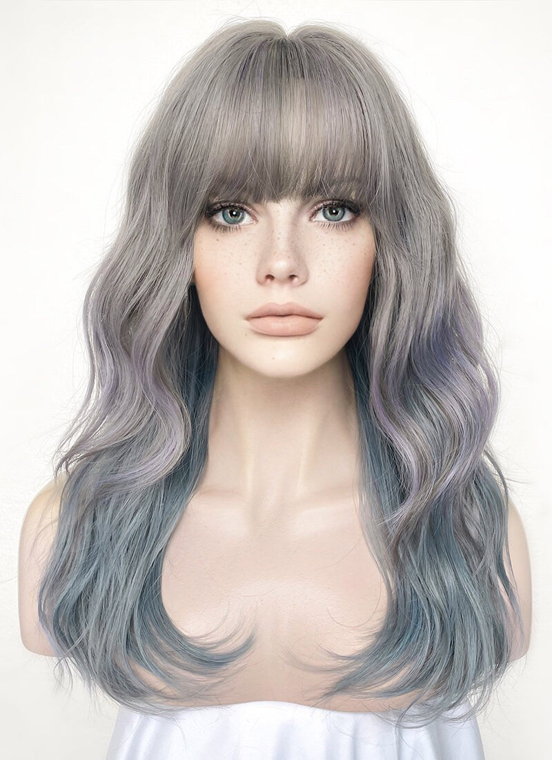 Grey Blue Mixed Wavy Synthetic Hair Wig NS484