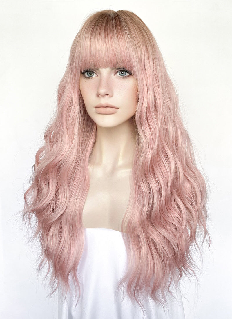 Pastel Pink With Brown Roots Wavy Synthetic Hair Wig NS516
